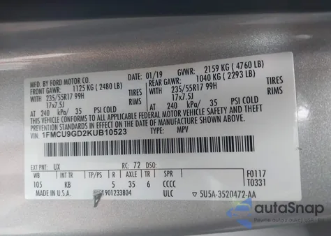 2019 Ford Escape Se z USA, uszkodzony, nr VIN 1FMCU9GD2KUB10523